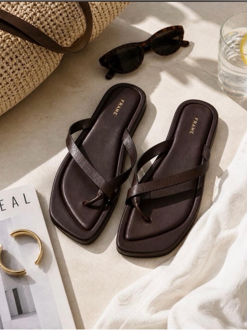 Frame Brown Leather Strappy Toe-Loop Sandals